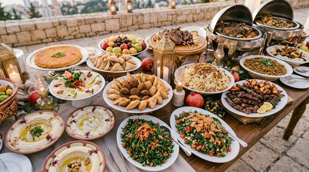 Maroush catering baklava knafeh dessert table