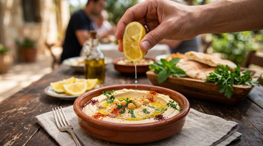Fresh lemon juice being squeezed over Lebanese hummus at Maroush