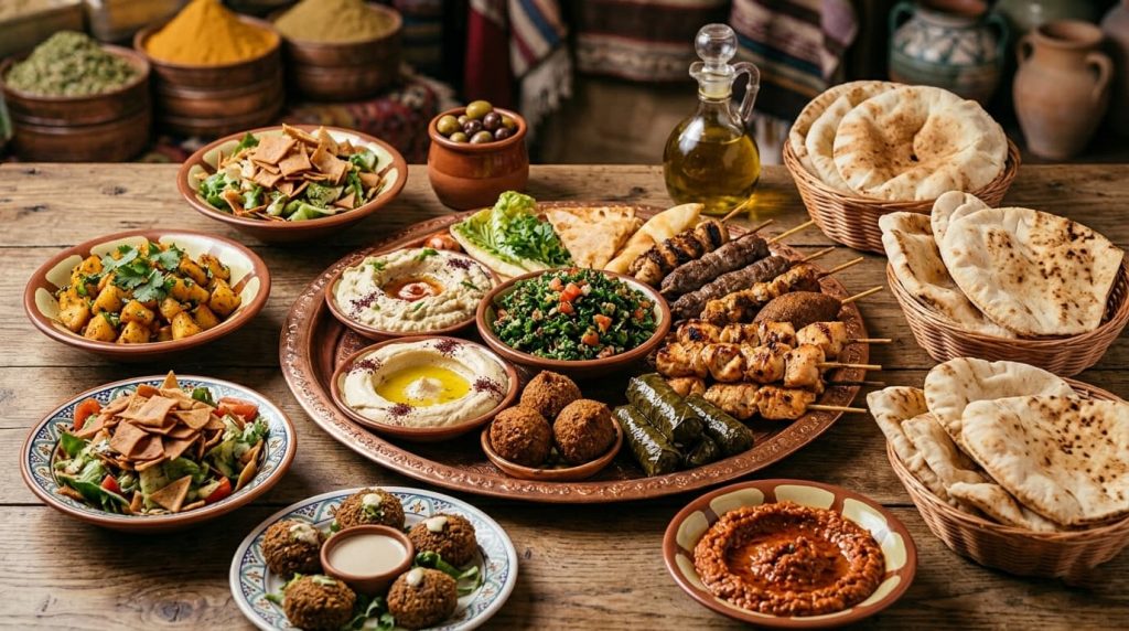 Lebanese mezze spread on a table at Maroush London Lebanese restaurant