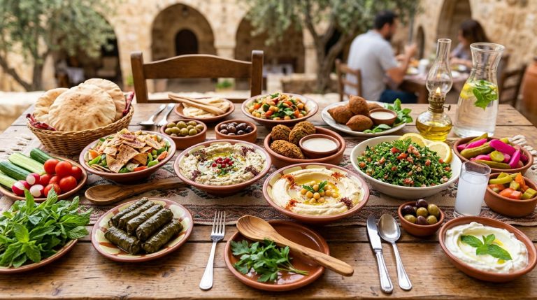 Lebanese mezze spread with hummus moutabal and tabbouleh