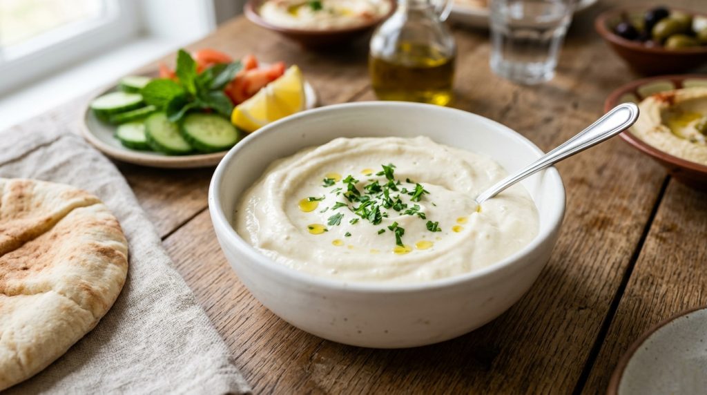 Toum Lebanese garlic sauce in a white bowl served at Maroush