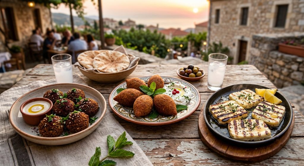 Hot mezze dishes at Maroush Lebanese restaurant