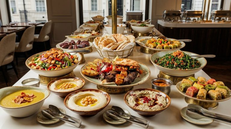 Lebanese catering London mezze spread ready for event service