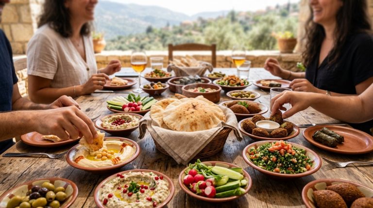 Lebanese mezze table for sharing at Maroush with warm khobez flatbread