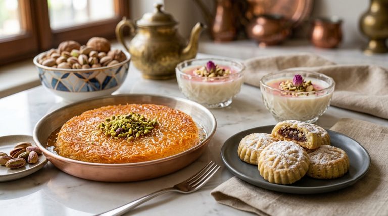 Warm knafeh dessert and Maamoul Desserts